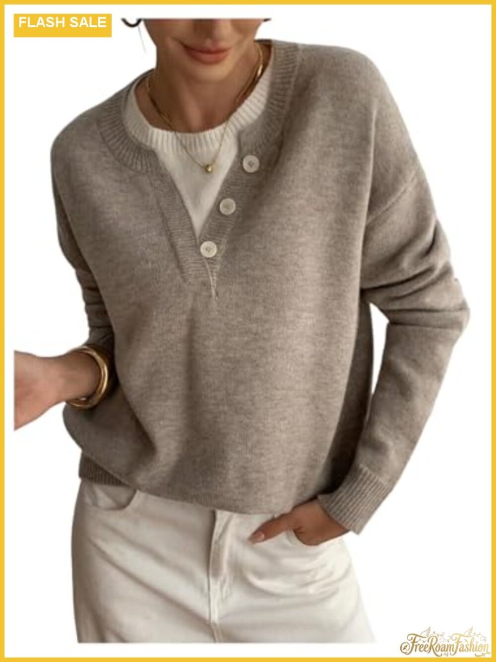 Womens Oversized Henley Pullover Sweater Button Front Long Sleeve